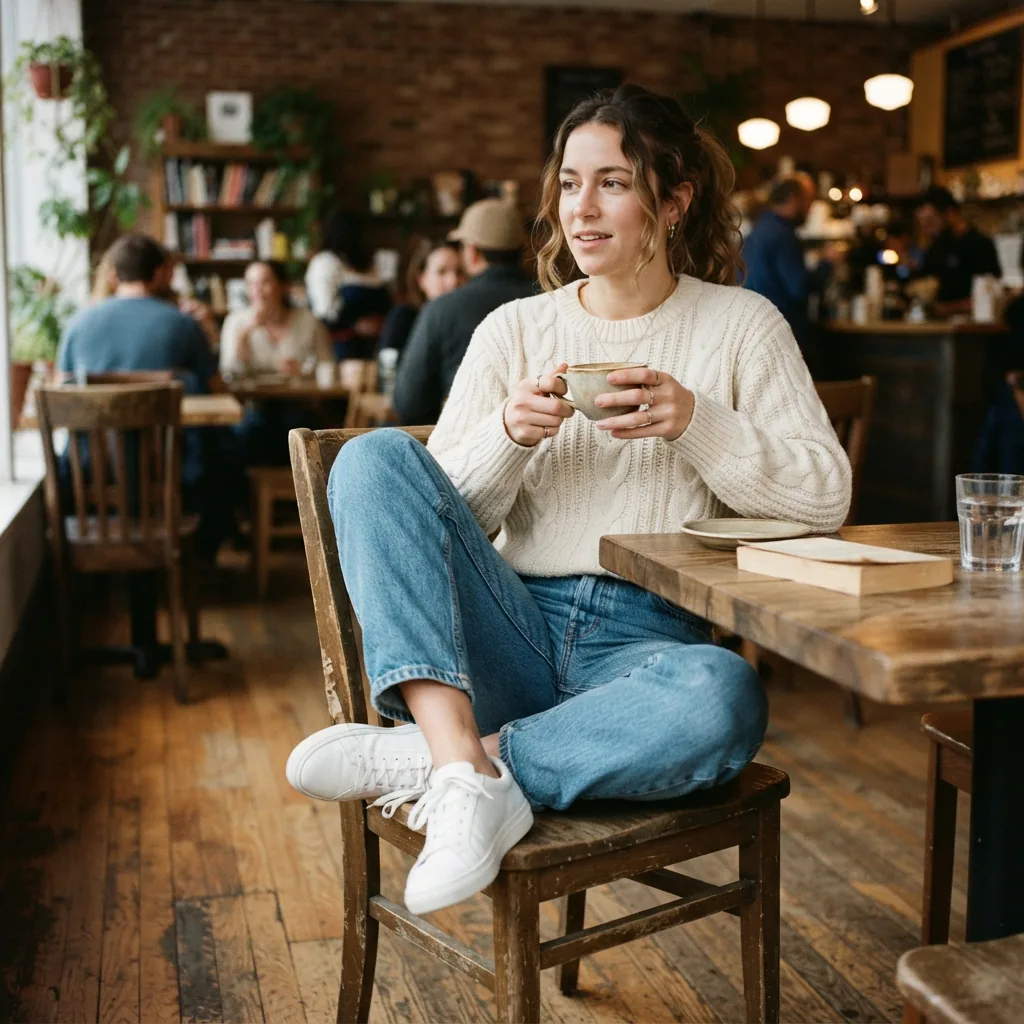 A person sitting casually in a coffee shop, wearing blue relaxed-fit jeans and sneakers, conveying comfortable weekend style.