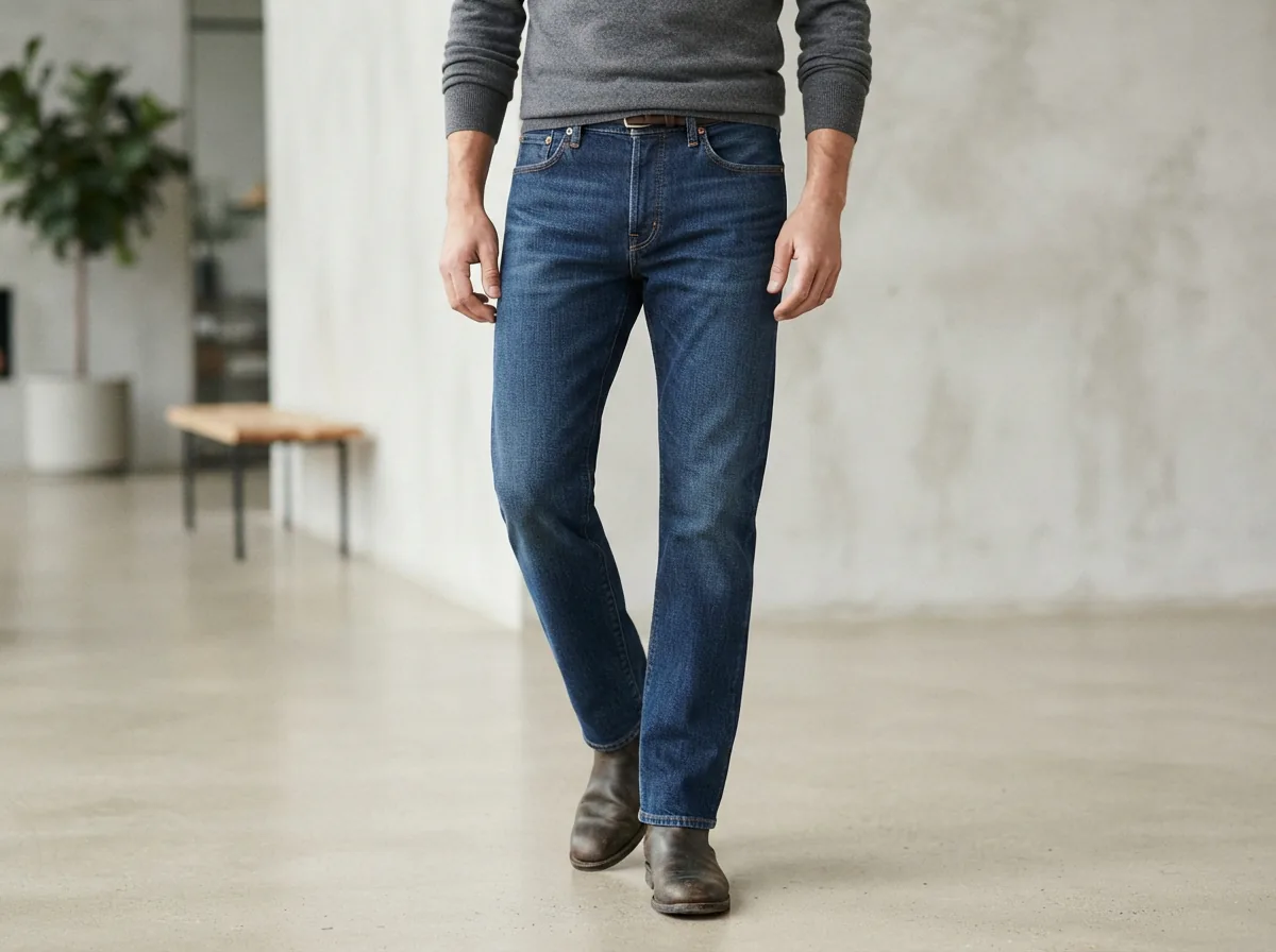 Mode Of One men's classic straight leg jeans in blue, shown on a model from the waist down to demonstrate the clean, timeless silhouette.