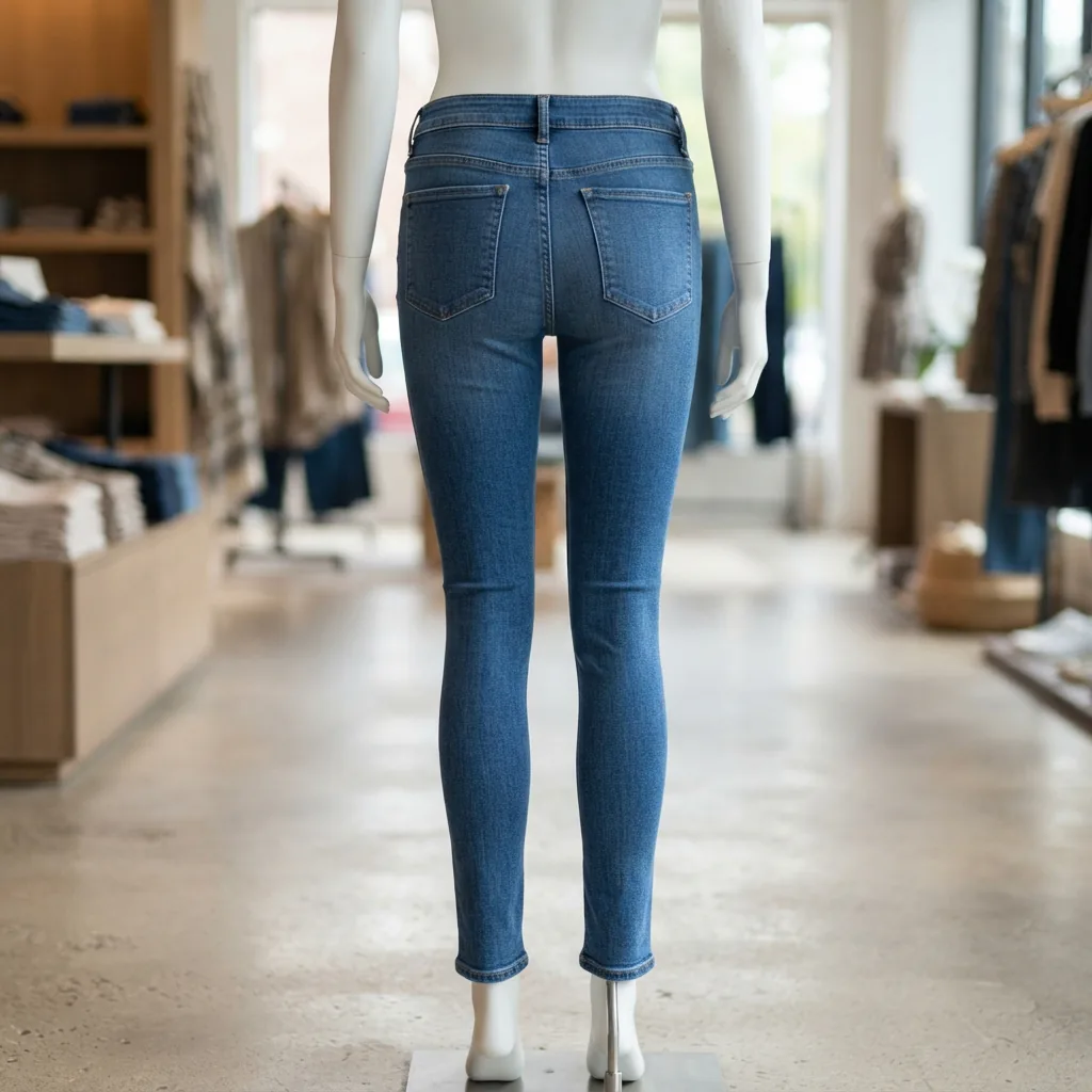 A rear-view shot of blue slim-fit jeans on a mannequin, highlighting the tapered leg and refined, modern shape.