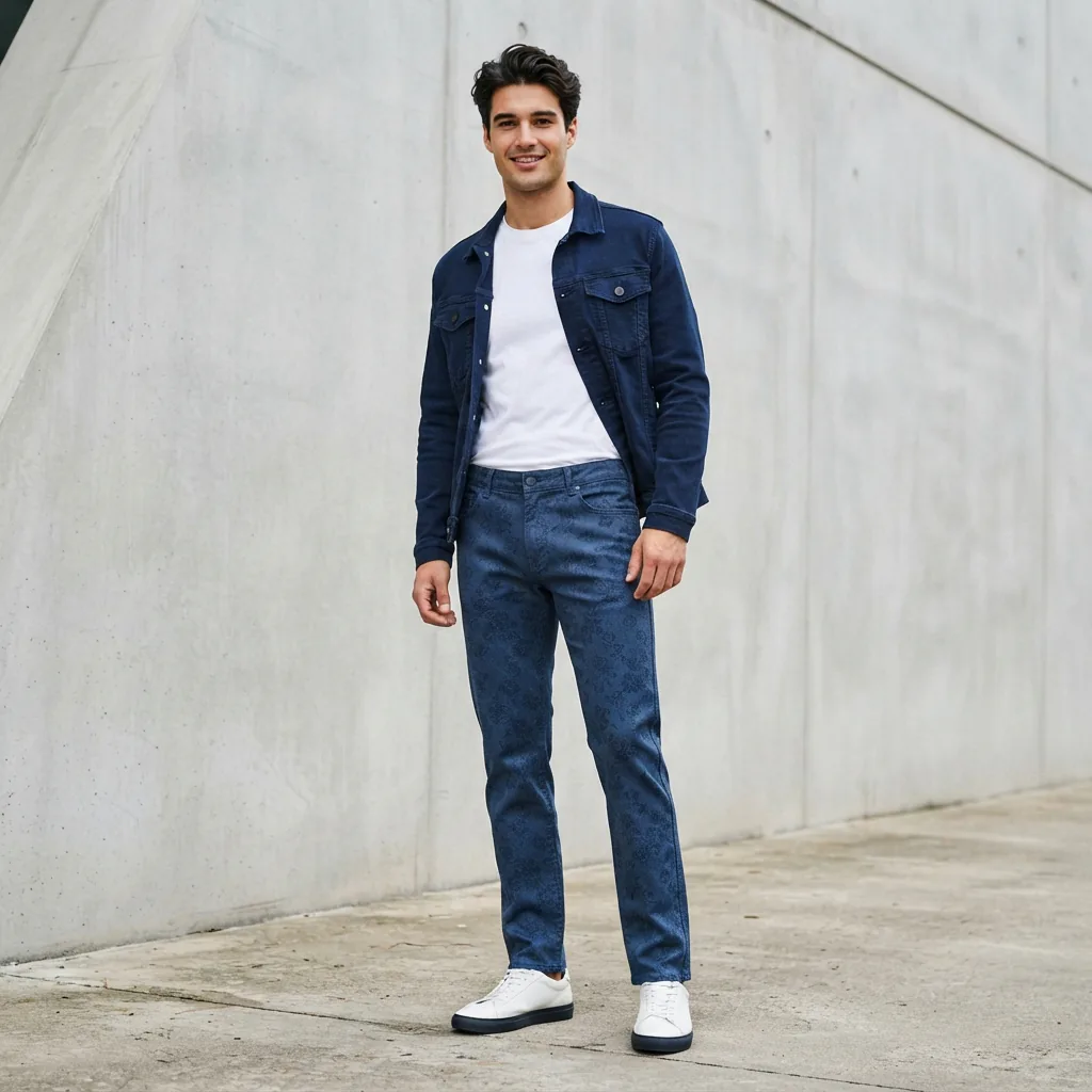 A model wearing blue straight-fit floral jacquard jeans, standing in a modern urban setting, showing the clean line from hip to ankle.