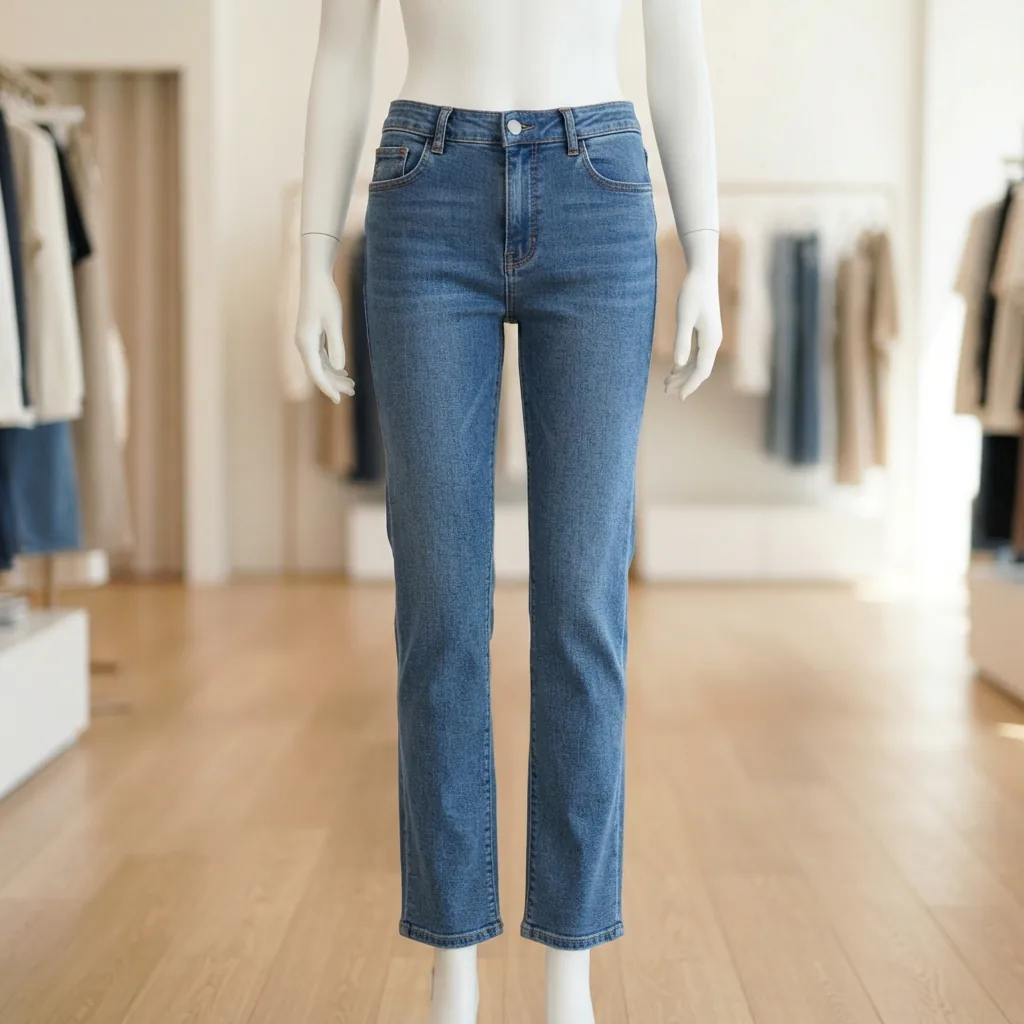 A front-facing shot of blue straight-fit jeans on a mannequin, showing the clean, consistent line from hip to hem.