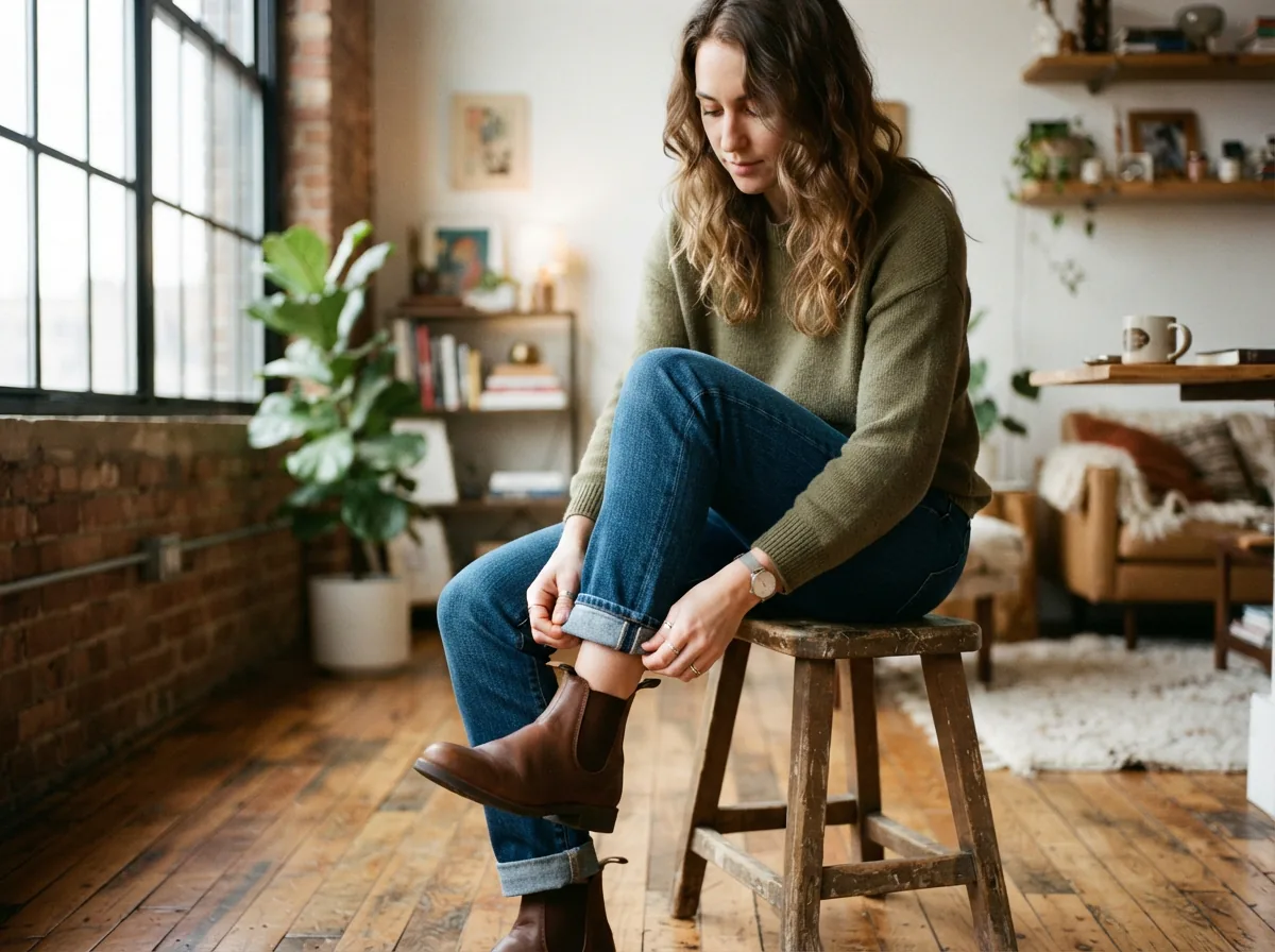 A candid-style photo of a person sitting on a stool, adjusting the cuff of their Mode Of One jeans, in a well-lit, casual setting.