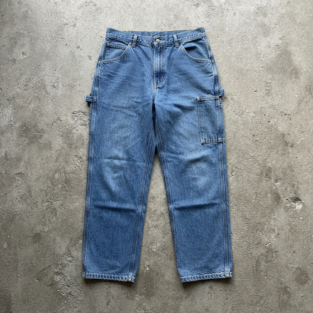A pair of blue relaxed-fit carpenter jeans laid flat on a concrete surface, showcasing their roomy cut and pocket details.