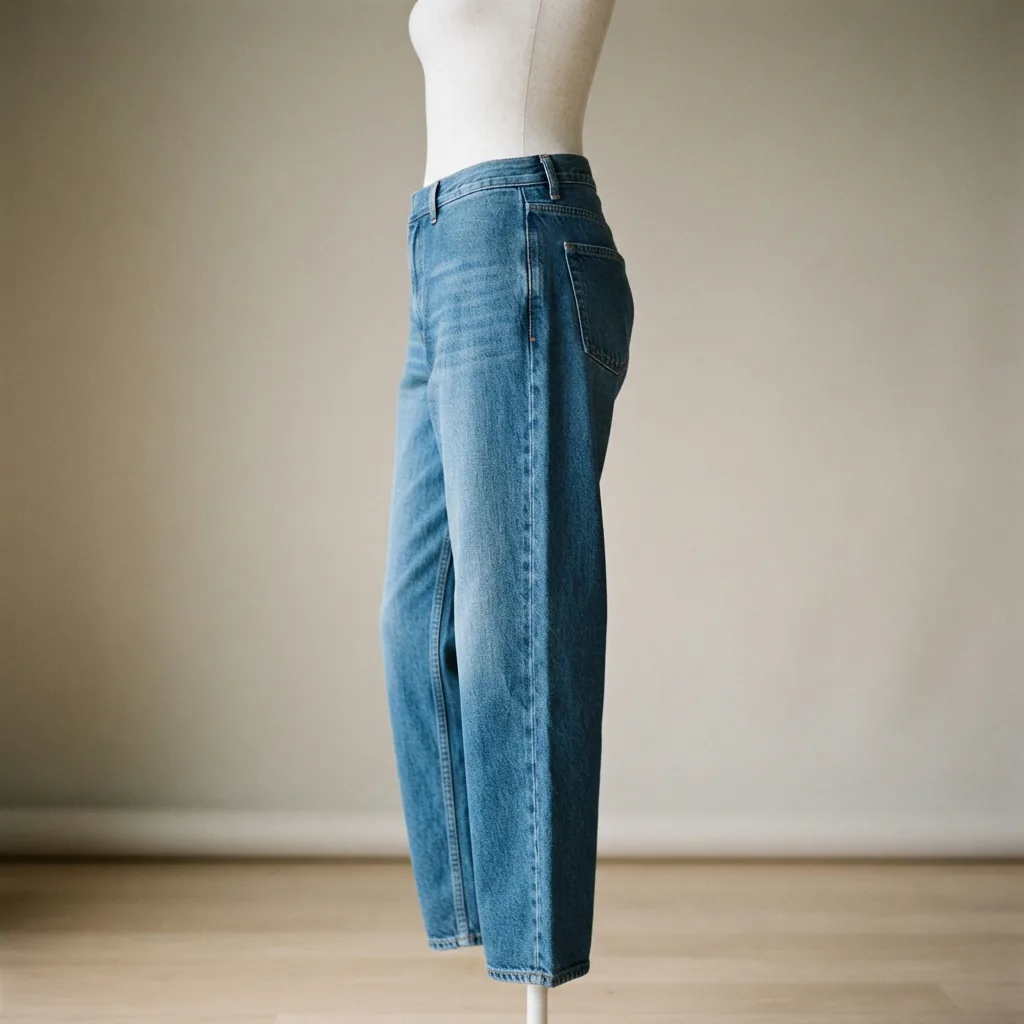 A side-profile view of blue relaxed-fit jeans displayed on a mannequin, emphasizing the comfortable, roomy silhouette.