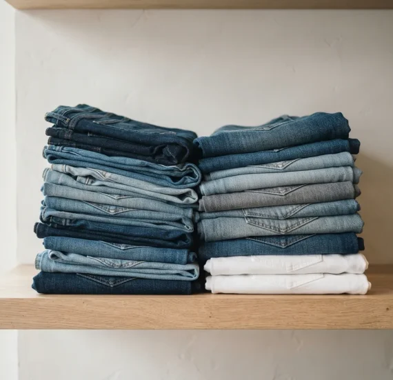 A neat stack of folded Mode Of One jeans in various blue and white washes, displayed on a minimalist wooden shelf.